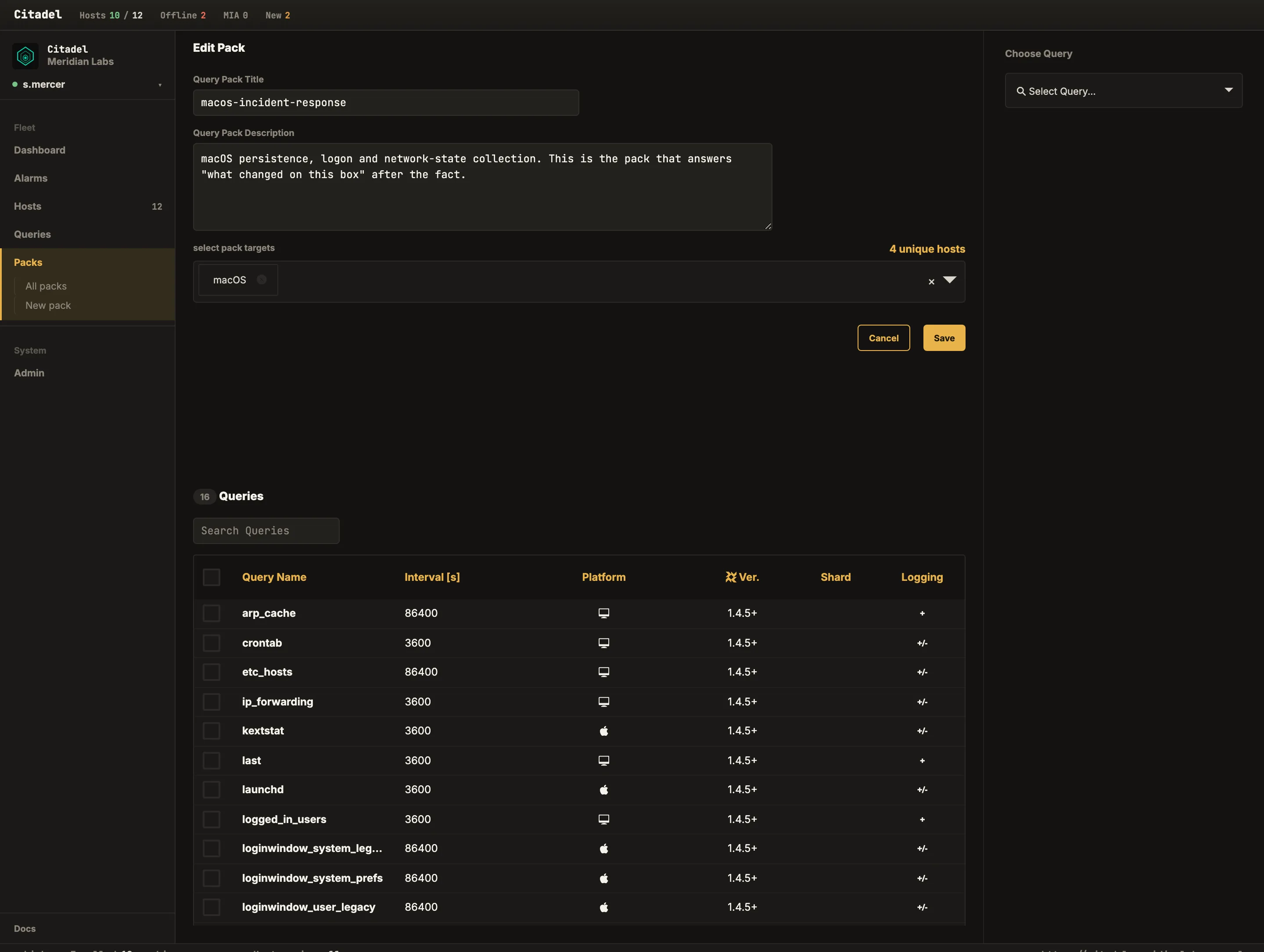 The Citadel pack editor open on the macos-incident-response pack: its title and description, the macOS label it targets resolving to four unique hosts, and the head of the table of its sixteen scheduled queries — each row giving the query name, its interval in seconds, the platform it is scoped to, the minimum osquery version it needs, its shard, and whether it logs differentially or as a snapshot.
