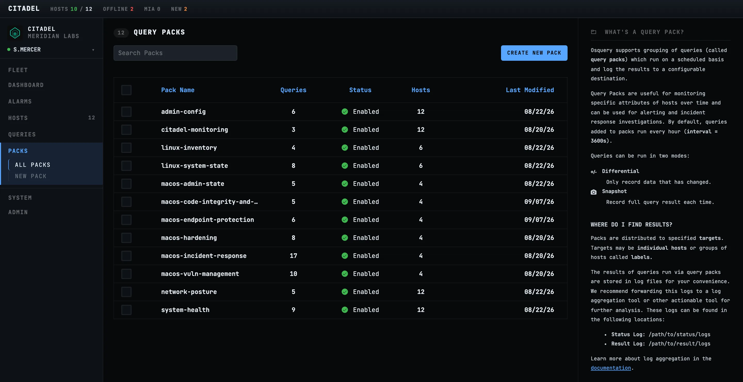 Citadel's query pack list: twelve packs with their query counts, status and the number of hosts each is distributed to.